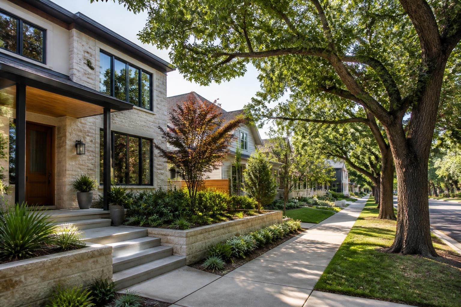 Welcoming Austin neighborhood with modern homes and mature trees.
