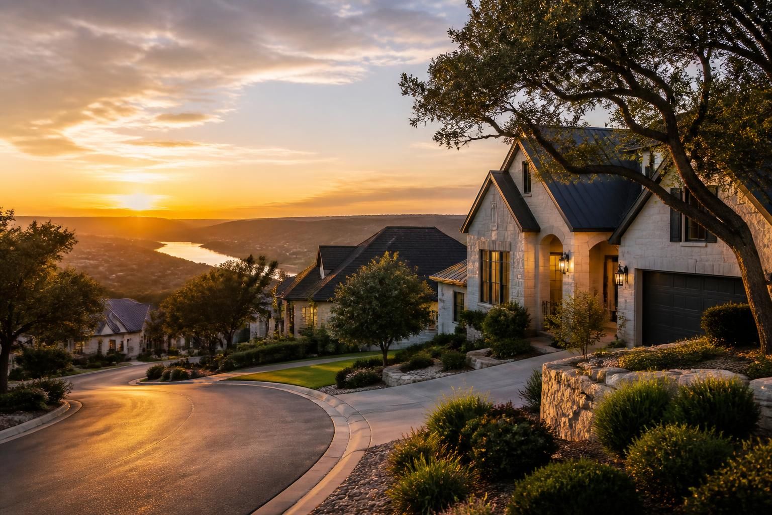Upscale Bee Cave neighborhood with refined homes and warm light.