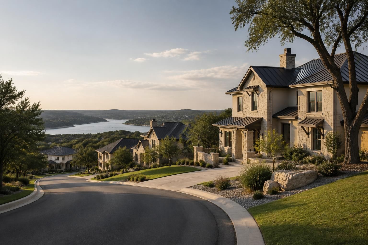 Peaceful Lakeway residential scene with well-designed homes and hills.