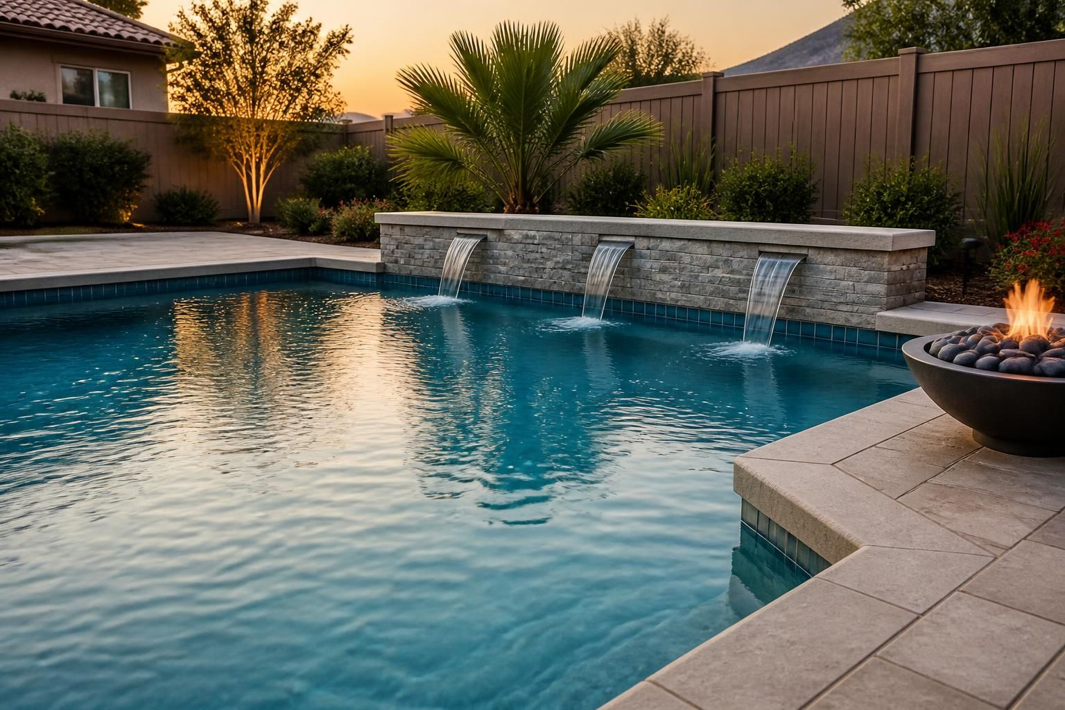 Finished remodeled backyard pool with updated tile and clean patio.