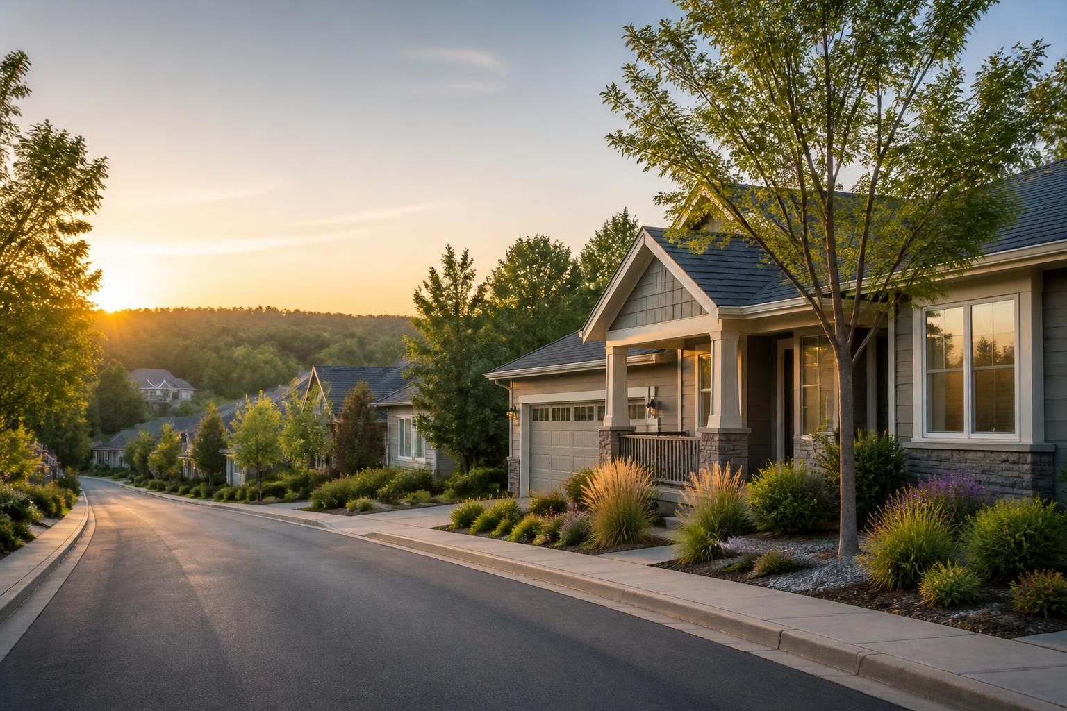 Calm Sunset Valley streetscape with neatly maintained homes and greenery.
