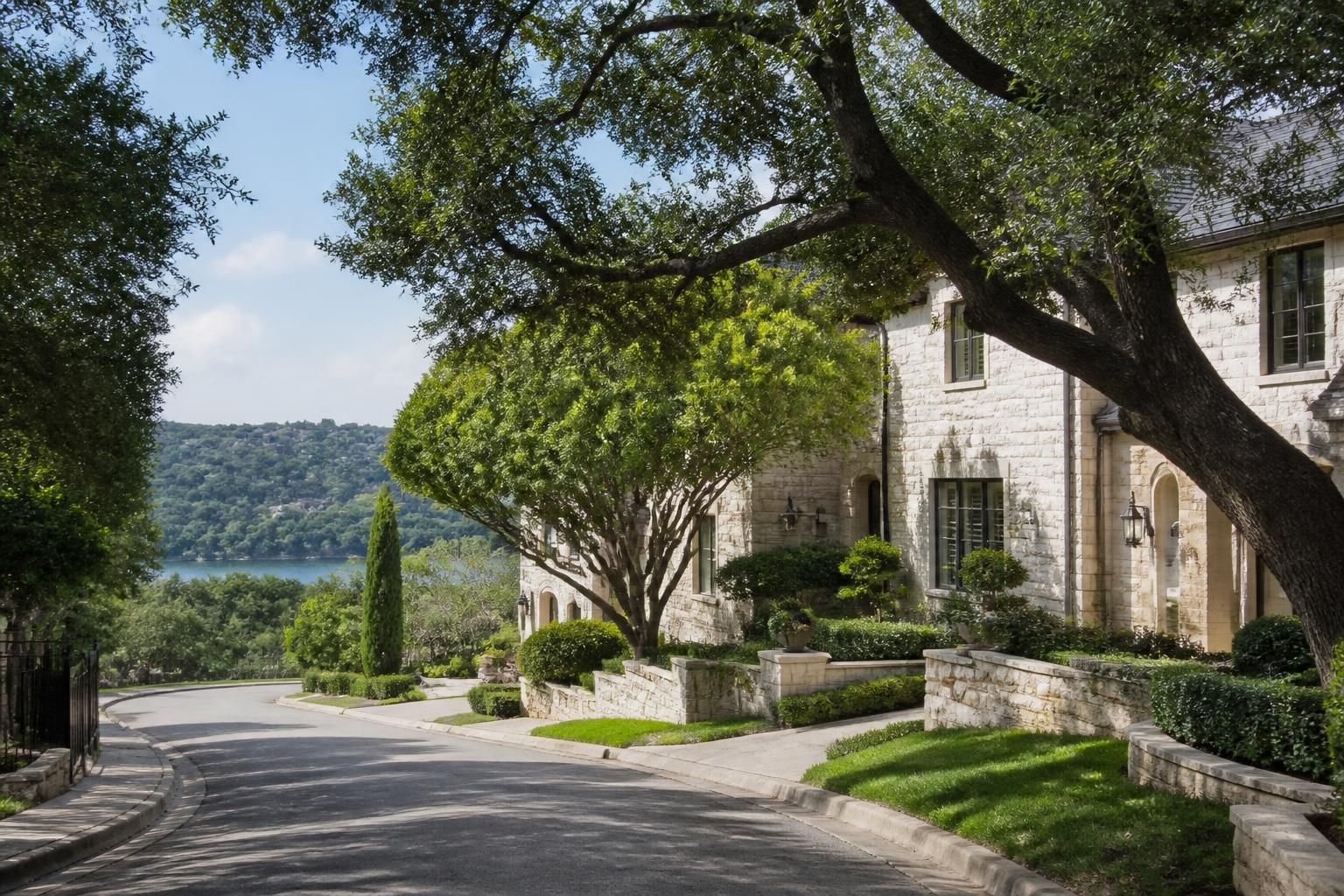 Elegant West Lake Hills neighborhood with oak trees and quiet streets.